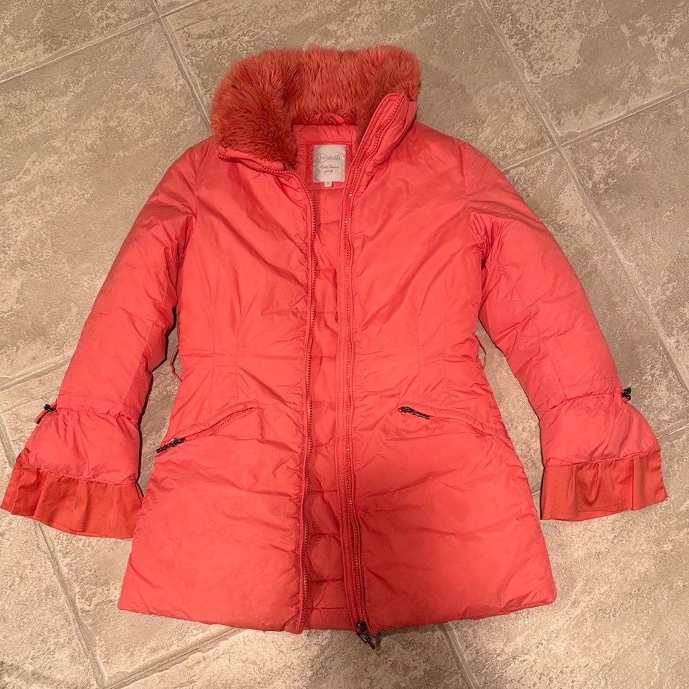 Girl’s Coral Puffer Jacket with Faux Fur Collar